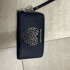 Michael Kors Dark Blue Wristlet with Silver Accents